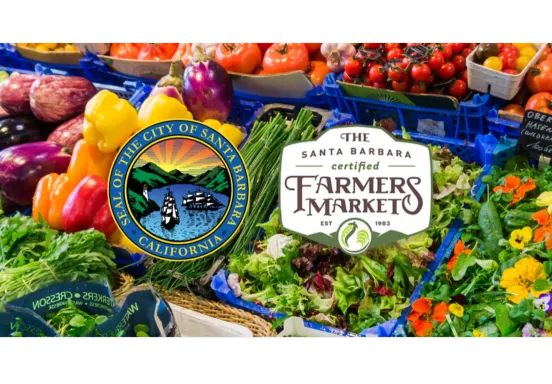 Fresh vegetables on a table. The City seal and Certified Santa Barbara Farmers Market Logo sit across the image. 