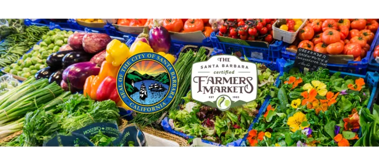 Fresh vegetables on a table. The City seal and Certified Santa Barbara Farmers Market Logo sit across the image. 